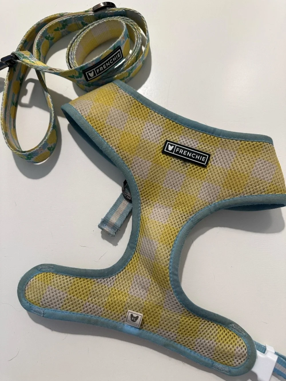 Frenchie Bulldog Reversible Dog Harness & Comfort Dual Print Leash - Lemon Print